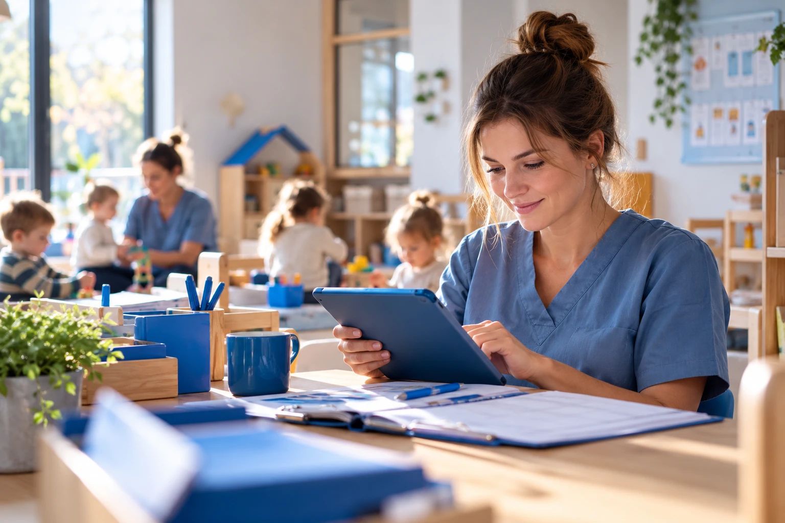 Une accueillante utilise tjouly sur sa tablette pendant que les enfants jouent