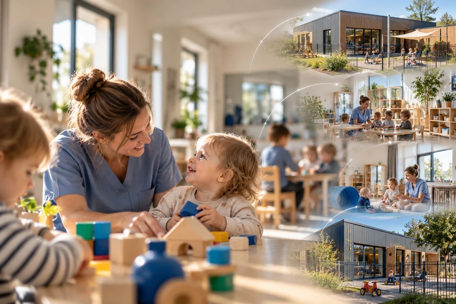 Une accueillante joue avec un enfant, à côté d’images de différents lieux d’accueil